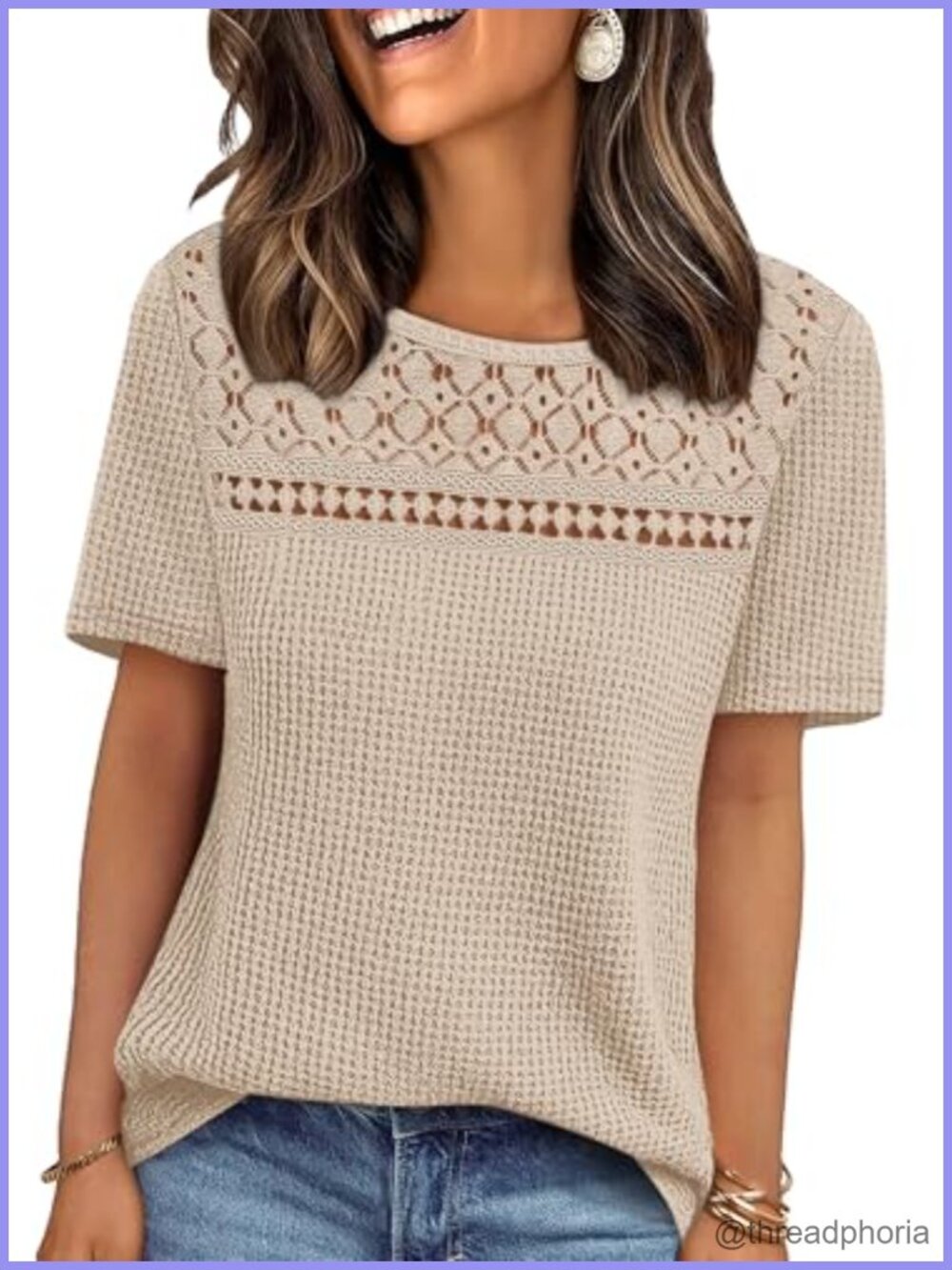 OFEEFAN Womens Short Sleeve Waffle Knit Crochet Lace Boho Blouse